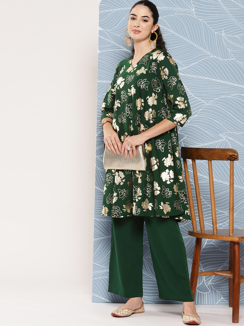 Janasya Women's Bottle Green Crepe Foil Printed A-line Festive Short Kurta Set