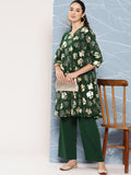 Janasya Women's Bottle Green Crepe Foil Printed A-line Festive Short Kurta Set