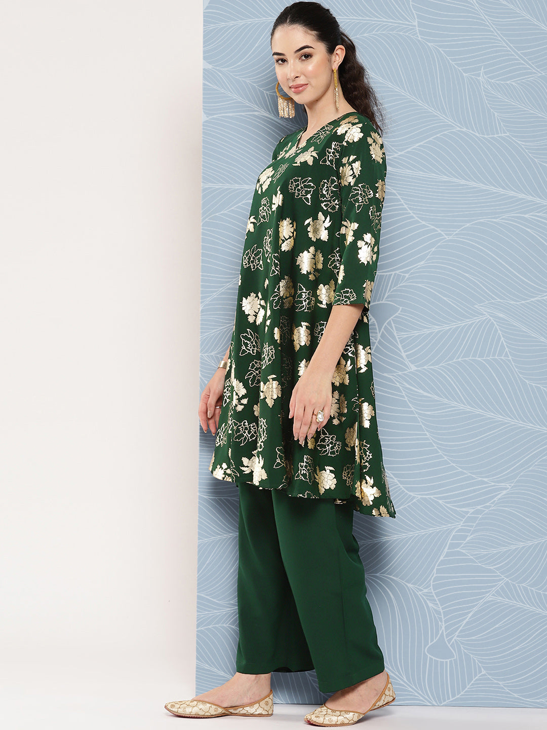 Janasya Women's Bottle Green Crepe Foil Printed A-line Festive Short Kurta Set