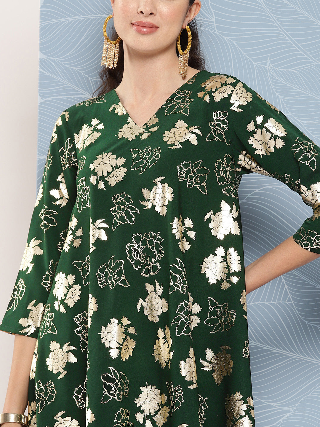 Janasya Women's Bottle Green Crepe Foil Printed A-line Festive Short Kurta Set