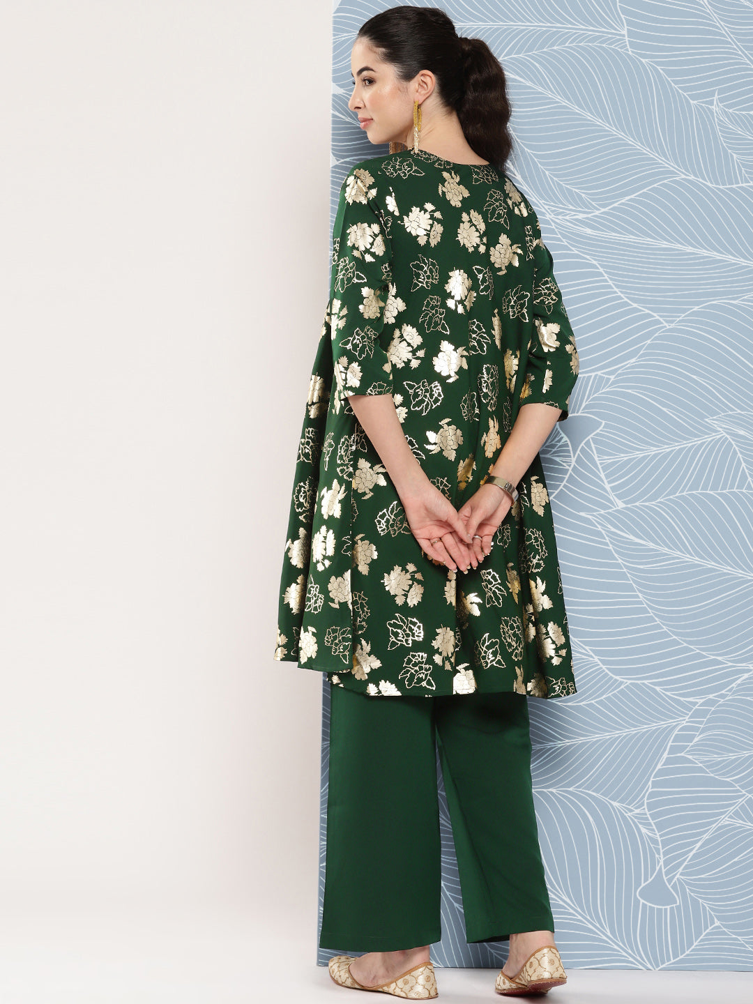 Janasya Women's Bottle Green Crepe Foil Printed A-line Festive Short Kurta Set