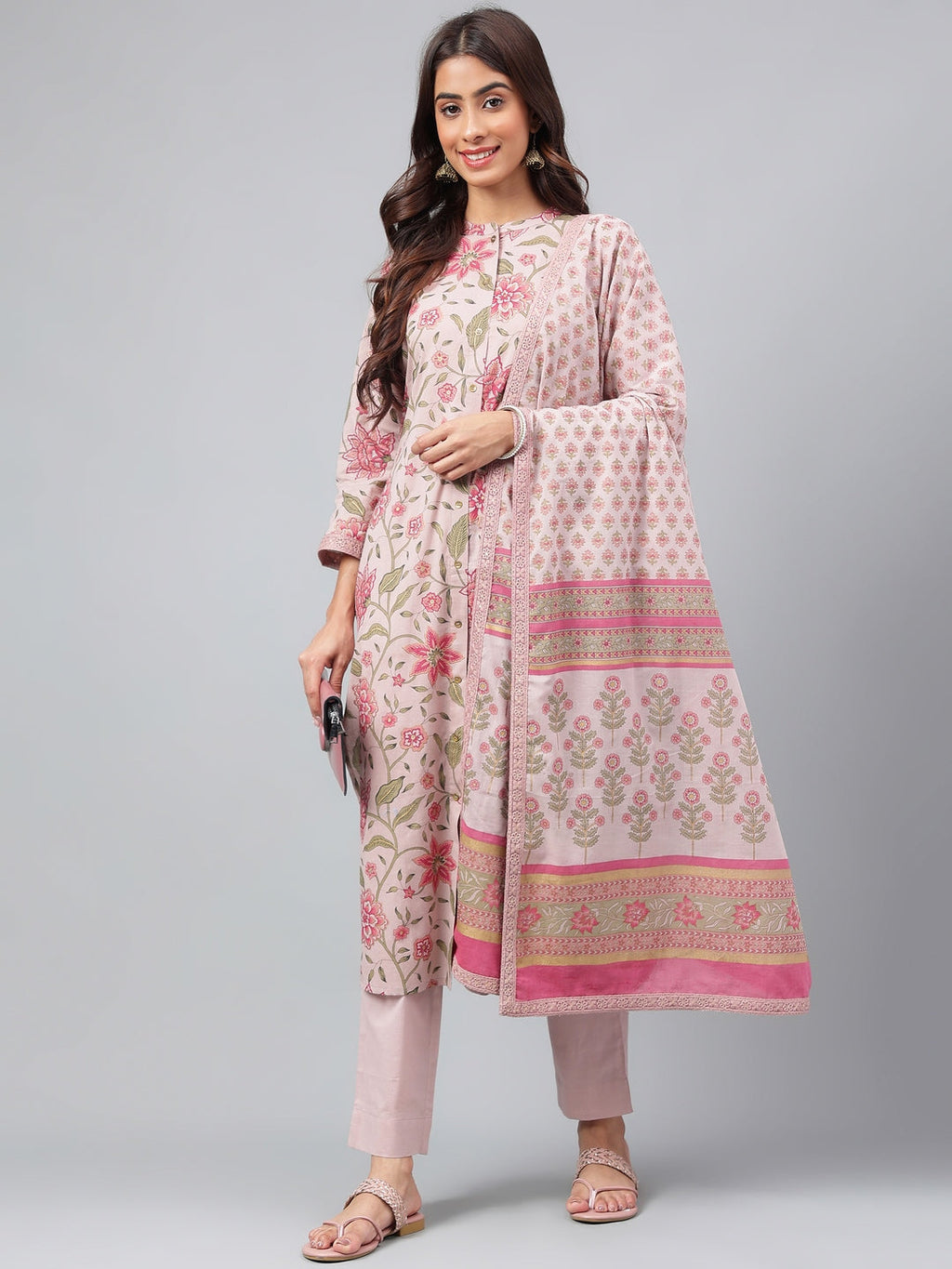 Janasya Women's Mauve Cotton Floral Printed Straight Festive Kurta Set