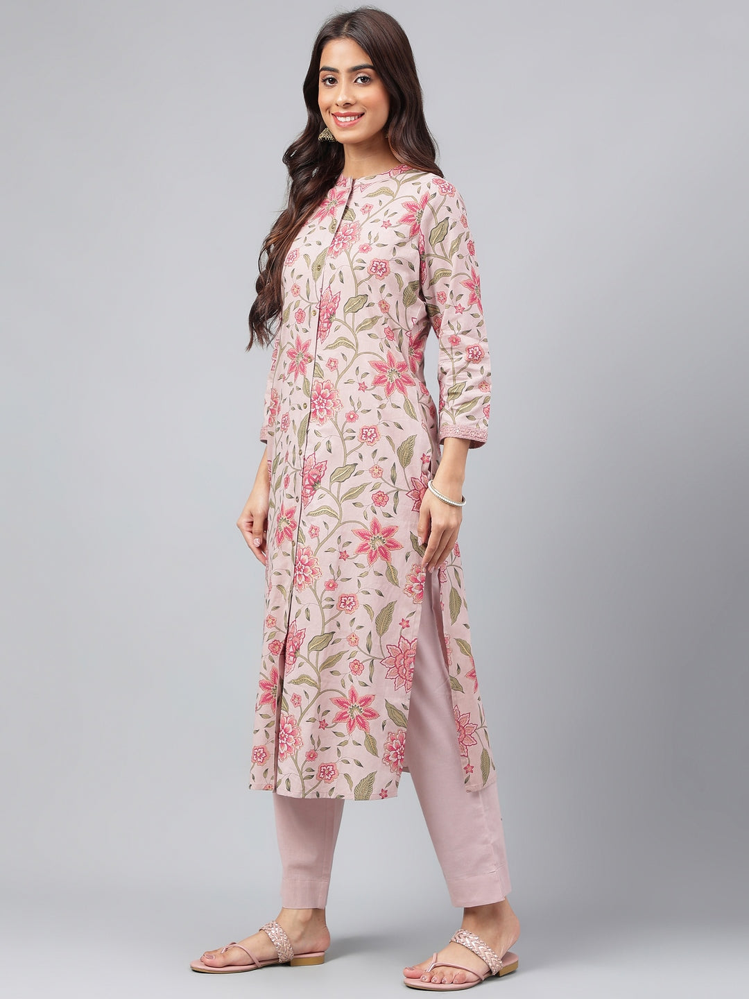 Janasya Women's Mauve Cotton Floral Printed Straight Festive Kurta Set