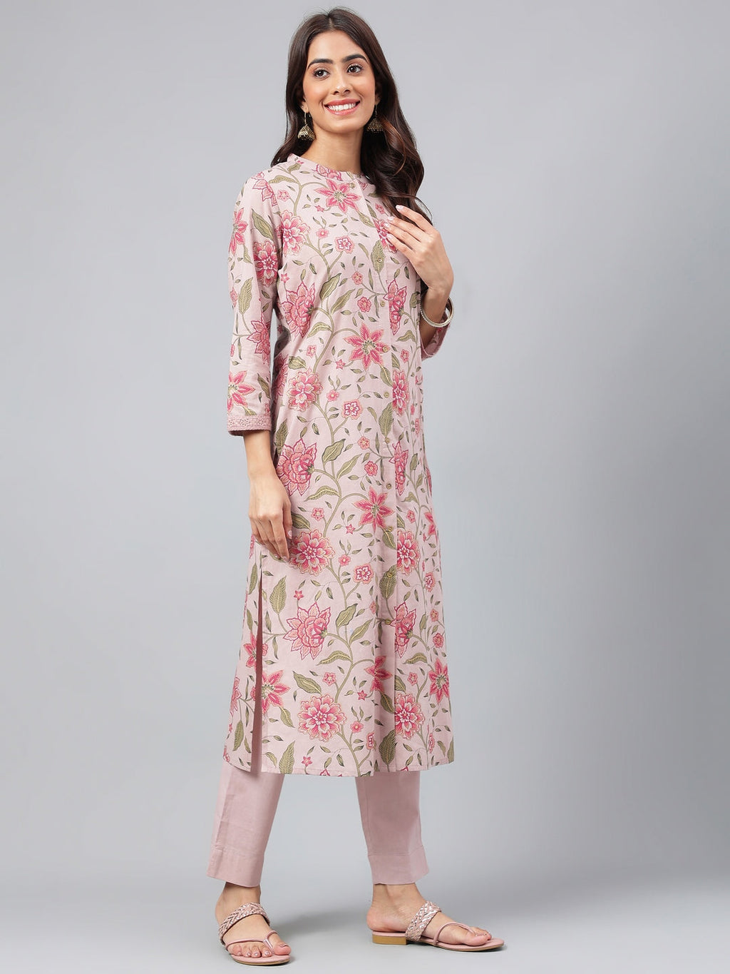 Janasya Women's Mauve Cotton Floral Printed Straight Festive Kurta Set