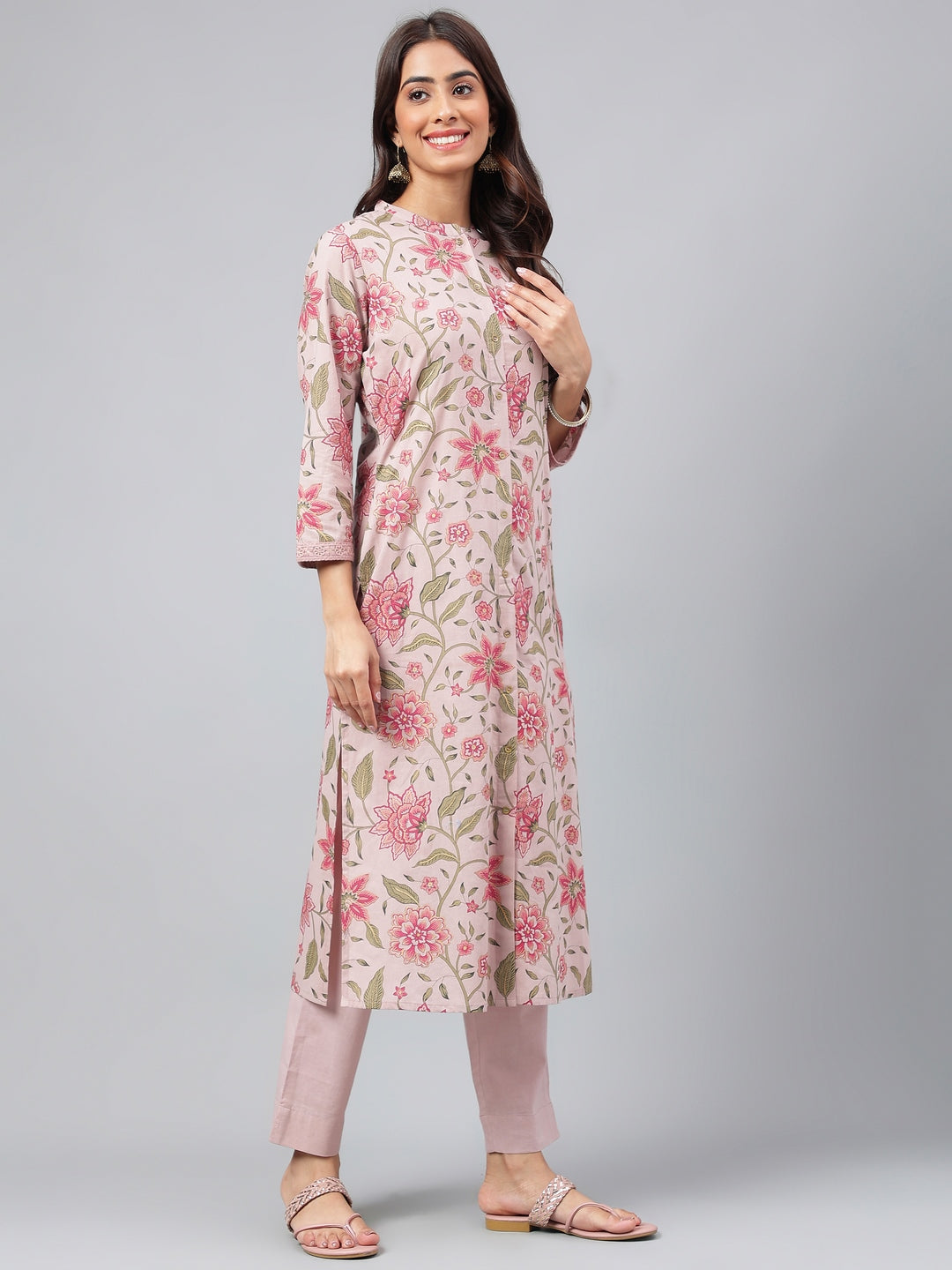 Janasya Women's Mauve Cotton Floral Printed Straight Festive Kurta Set