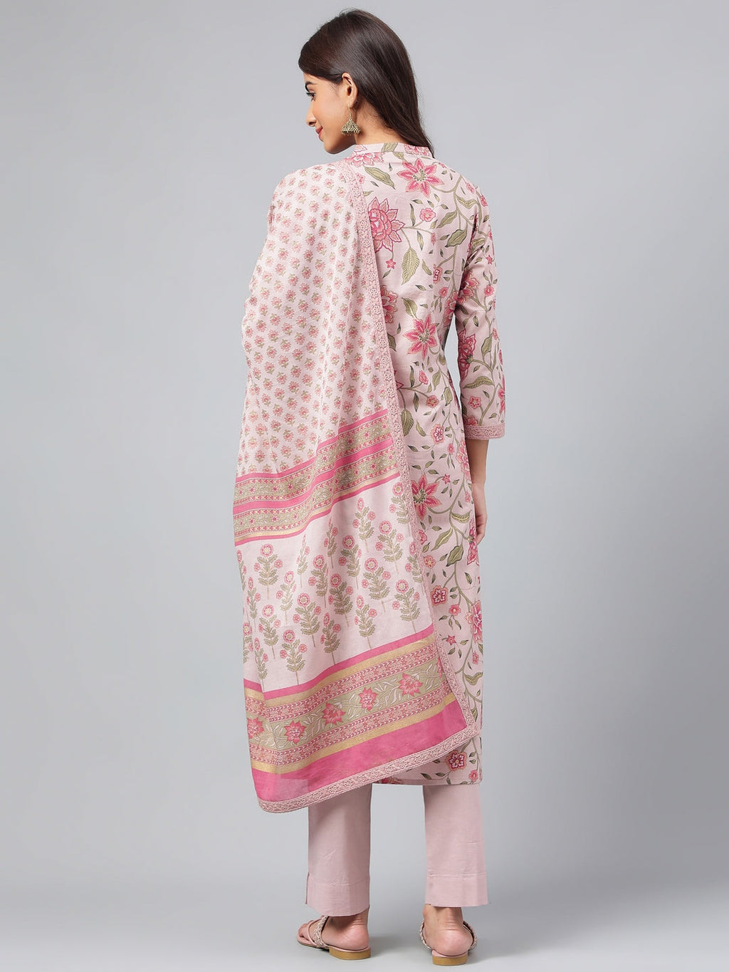 Janasya Women's Mauve Cotton Floral Printed Straight Festive Kurta Set