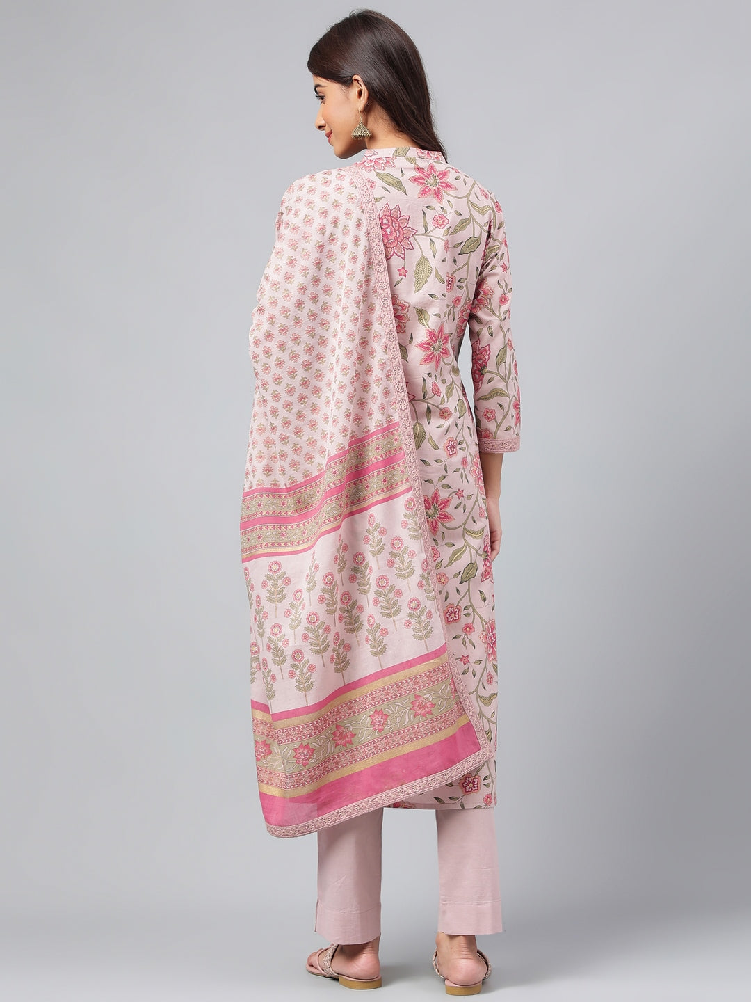 Janasya Women's Mauve Cotton Floral Printed Straight Festive Kurta Set