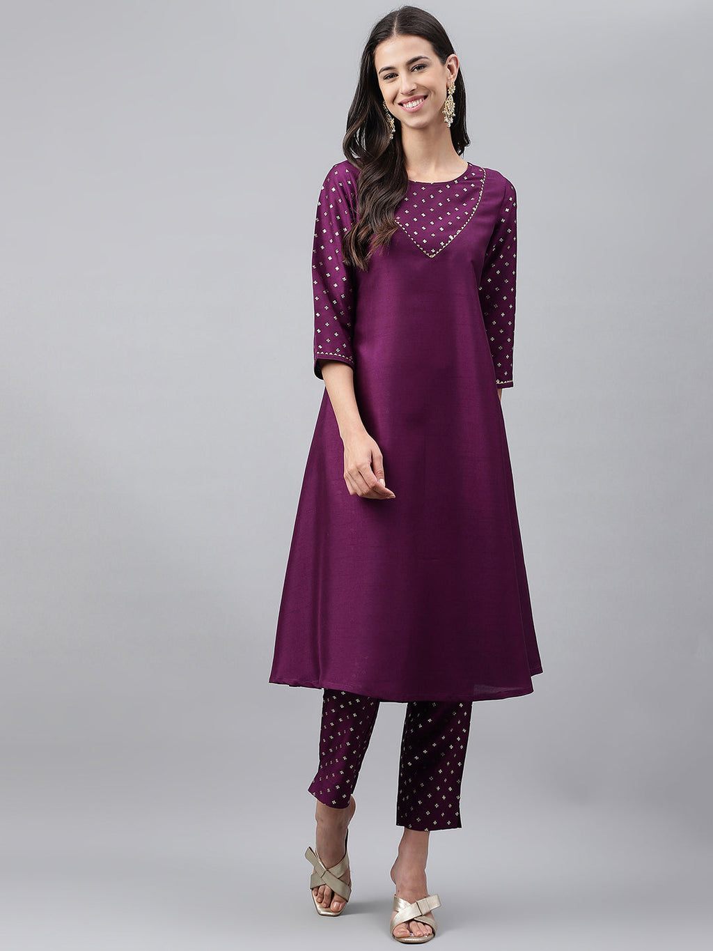 Janasya Women's Purple Crepe Silk Solid A-line Festive Kurta Set