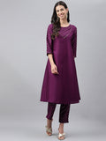 Janasya Women's Purple Crepe Silk Solid A-line Festive Kurta Set