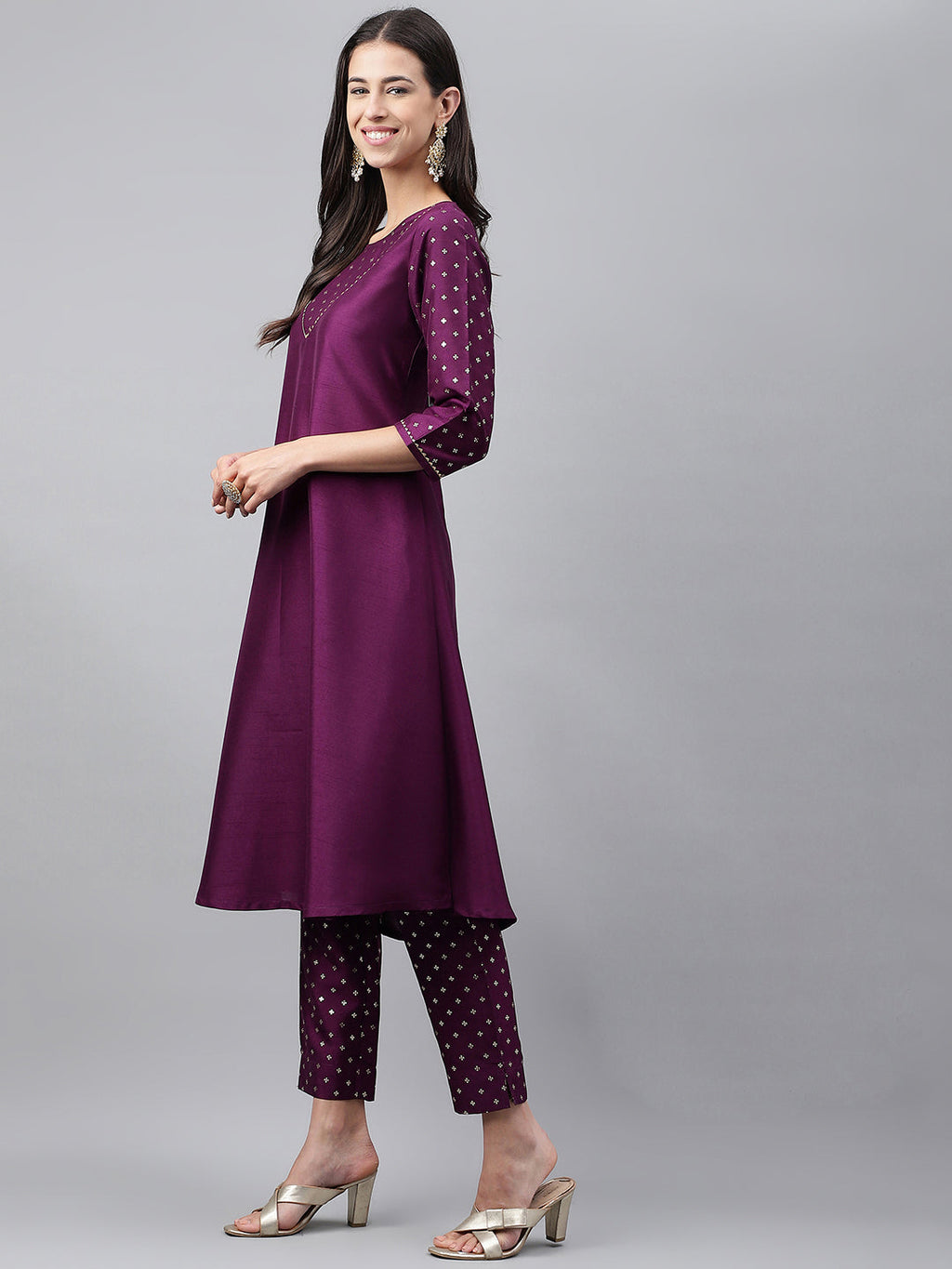 Janasya Women's Purple Crepe Silk Solid A-line Festive Kurta Set