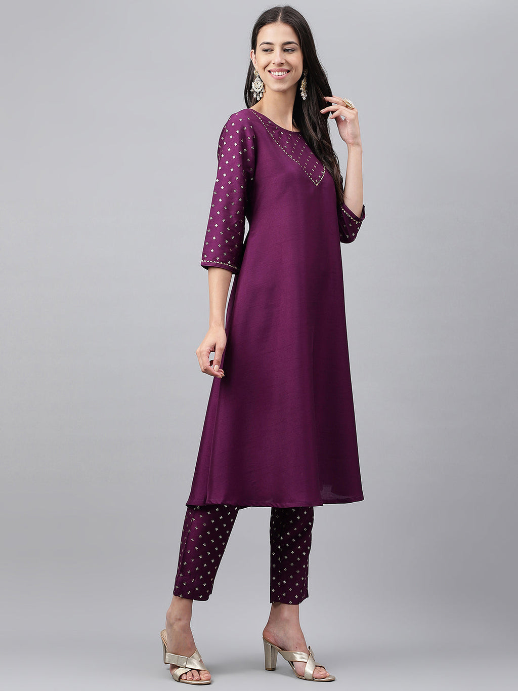 Janasya Women's Purple Crepe Silk Solid A-line Festive Kurta Set