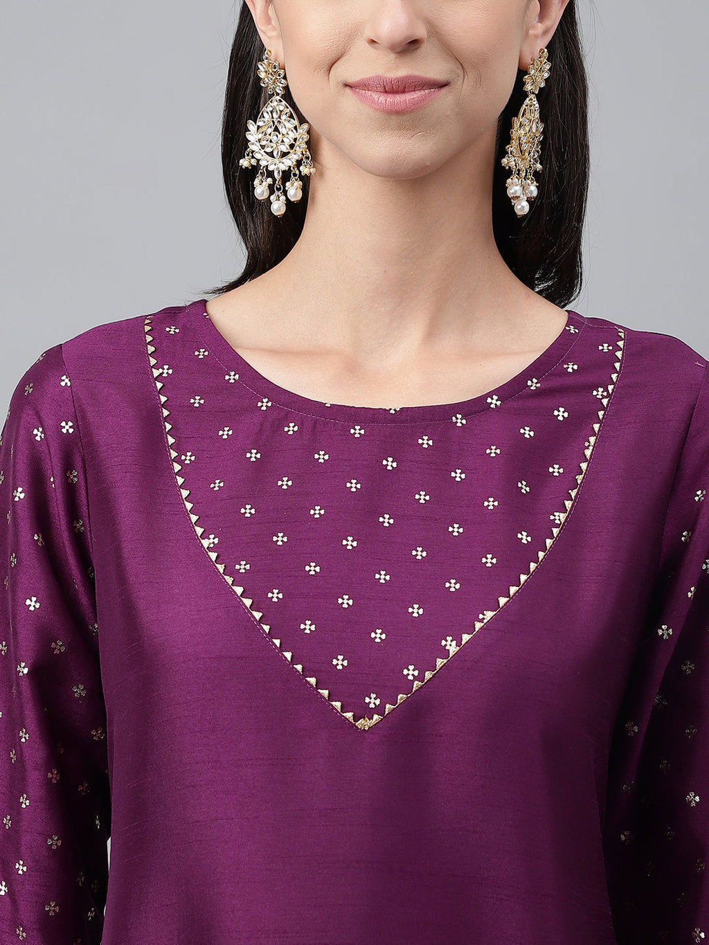 Janasya Women's Purple Crepe Silk Solid A-line Festive Kurta Set
