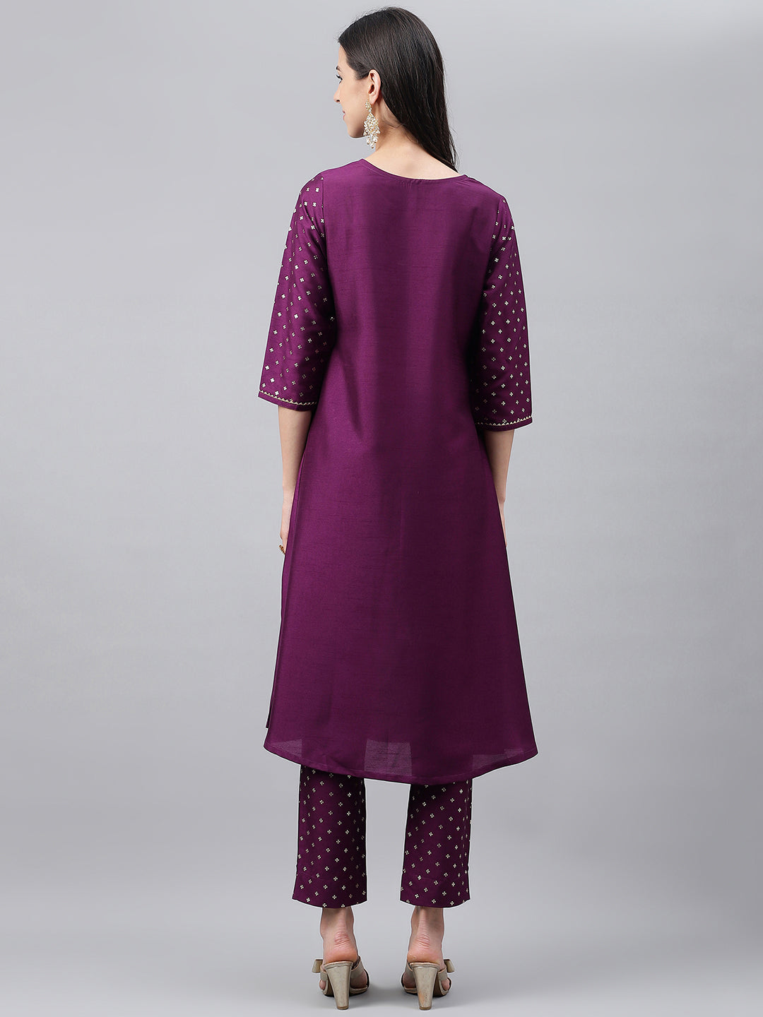 Janasya Women's Purple Crepe Silk Solid A-line Festive Kurta Set