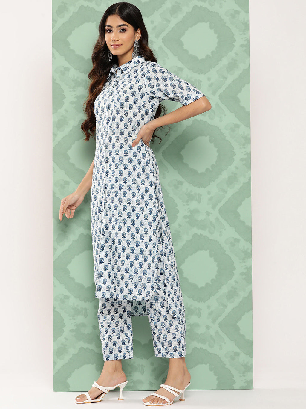 Janasya Women's White Cotton Floral Printed High Low Casual Kurta Set