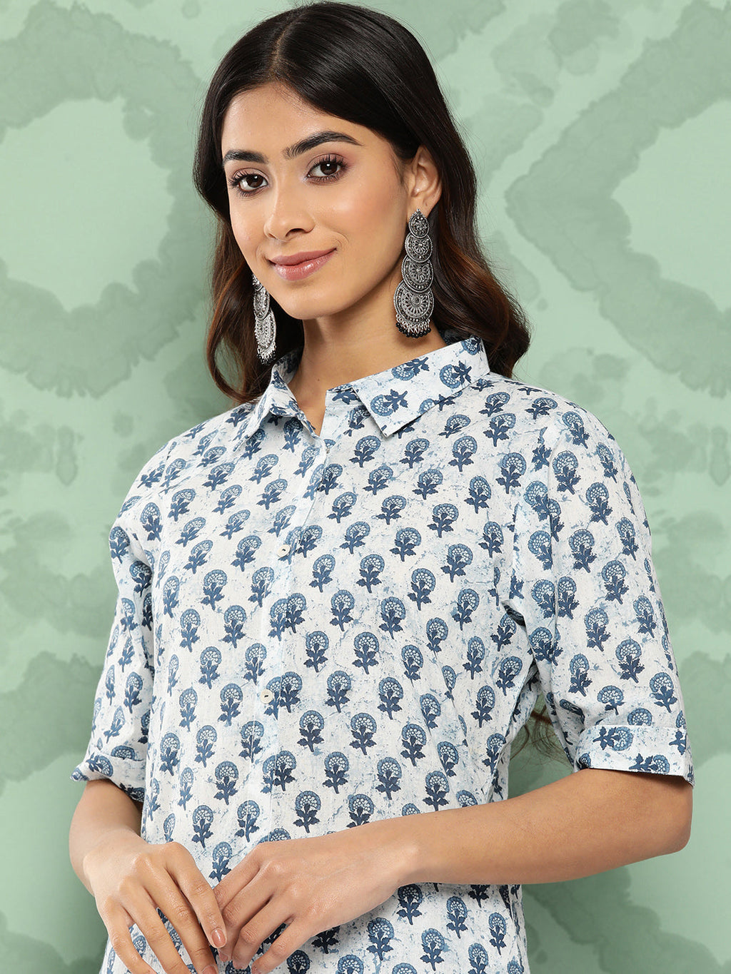 Janasya Women's White Cotton Floral Printed High Low Casual Kurta Set