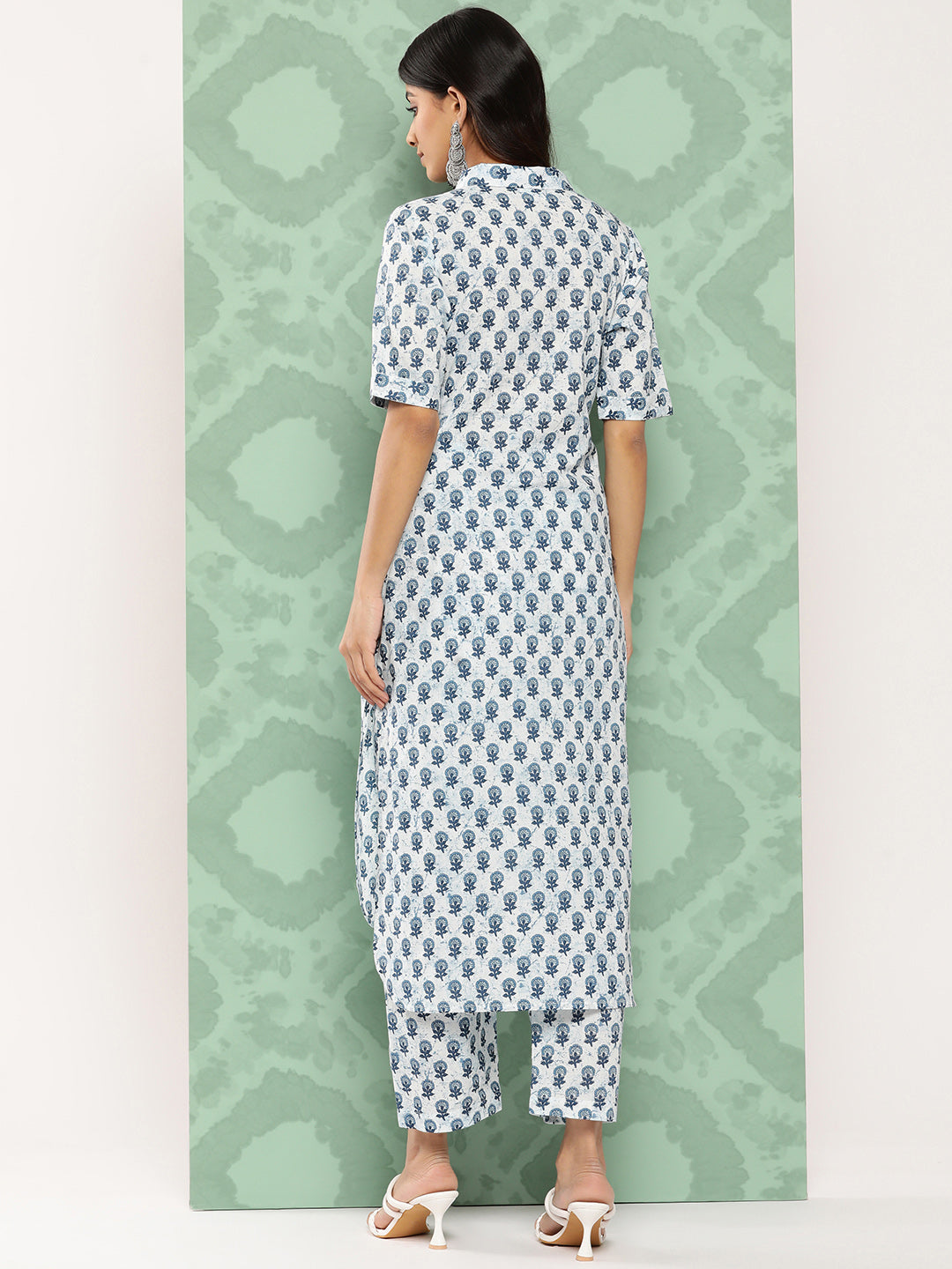 Janasya Women's White Cotton Floral Printed High Low Casual Kurta Set