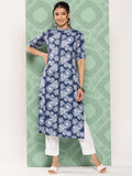 Janasya Women's Blue Crepe Digital Printed Straight Festive Kurta Set