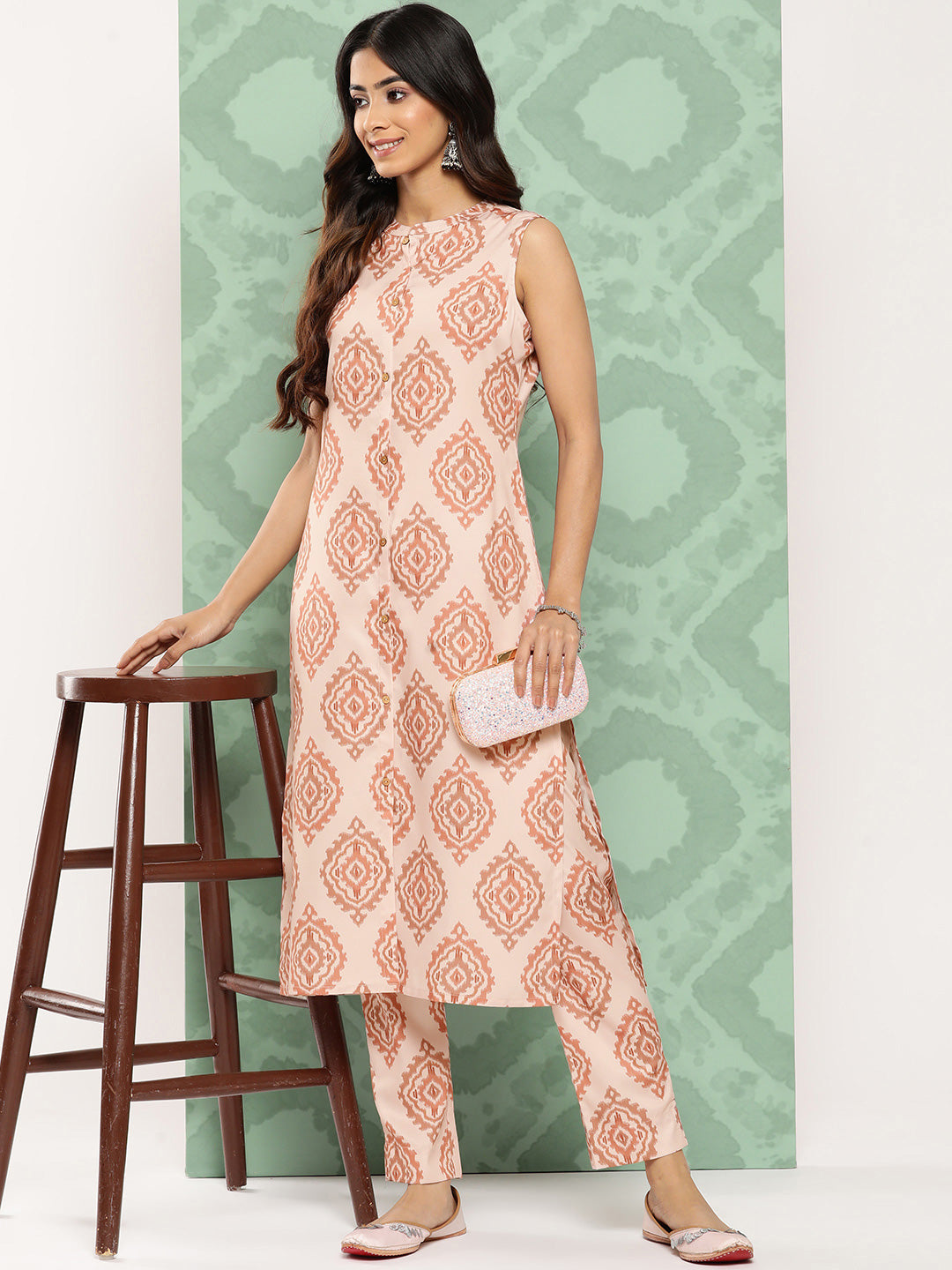 Janasya Women's Light Peach Crepe Digital Printed Straight Casual Kurta Set