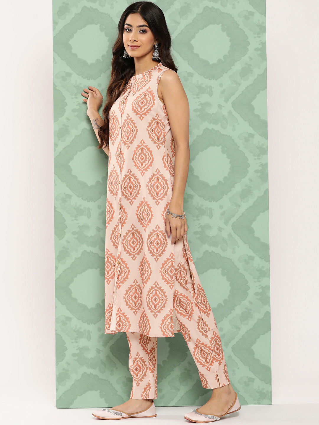 Janasya Women's Light Peach Crepe Digital Printed Straight Casual Kurta Set