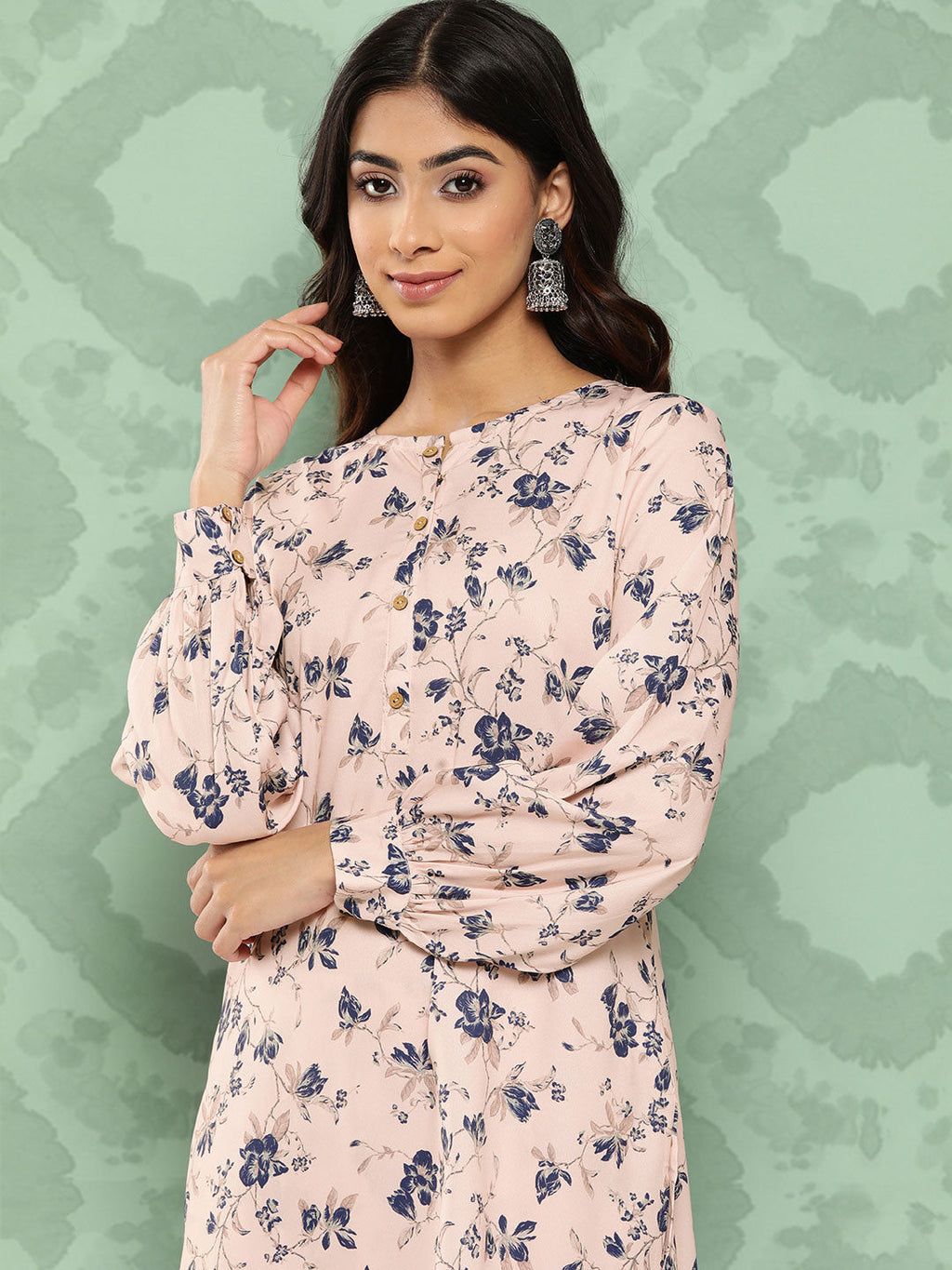Janasya Women's Light Peach Crepe Digital Printed Straight Casual Kurta Set