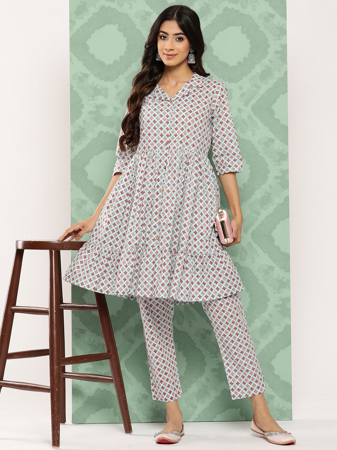 Janasya Women's Sky Blue Cotton Ethnic Motifs Gathered Casual Kurta Set