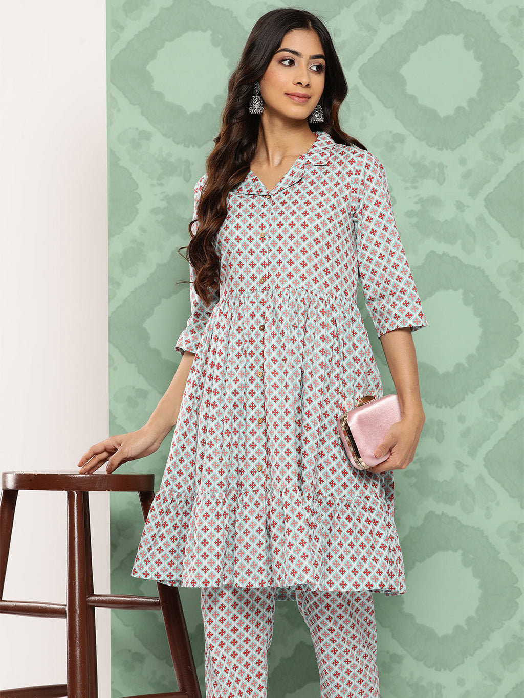 Janasya Women's Sky Blue Cotton Ethnic Motifs Gathered Casual Kurta Set