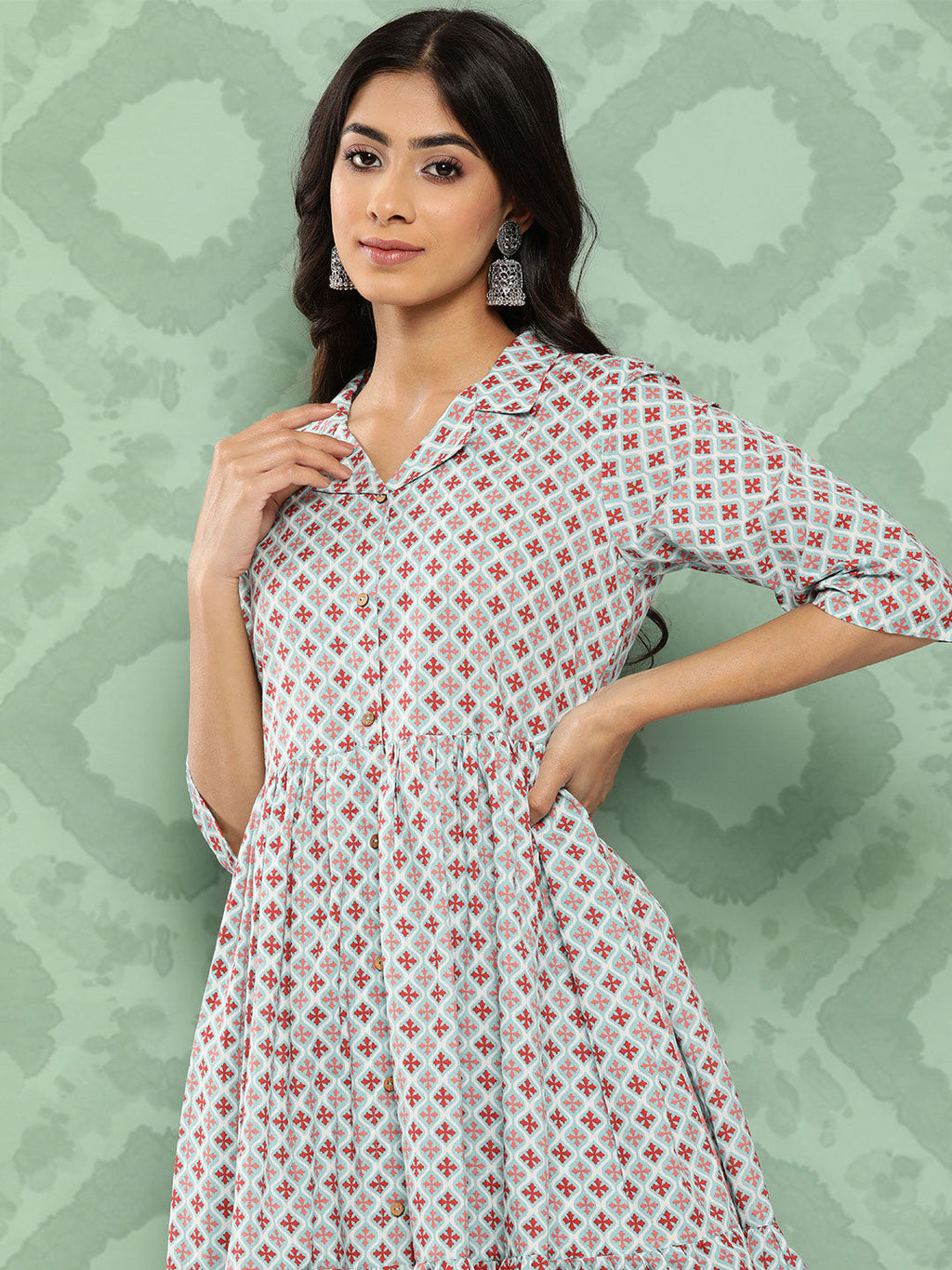 Janasya Women's Sky Blue Cotton Ethnic Motifs Gathered Casual Kurta Set