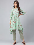 Janasya Women's Green Cotton Floral Printed Handkerchief Casual Kurta Set