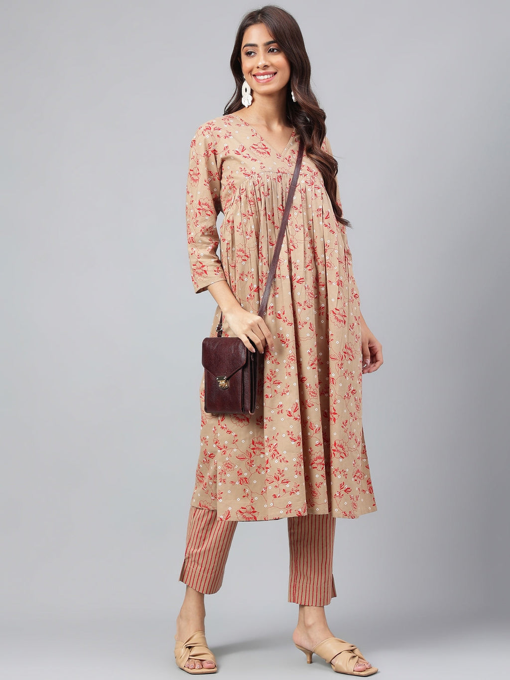 Janasya Women's Brown Cotton Floral Printed Gathered Casual Kurta Set