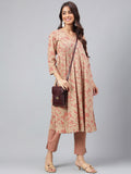 Janasya Women's Brown Cotton Floral Printed Gathered Casual Kurta Set