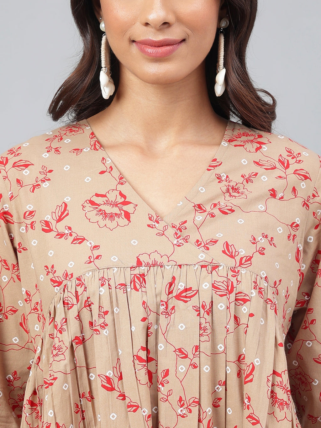 Janasya Women's Brown Cotton Floral Printed Gathered Casual Kurta Set