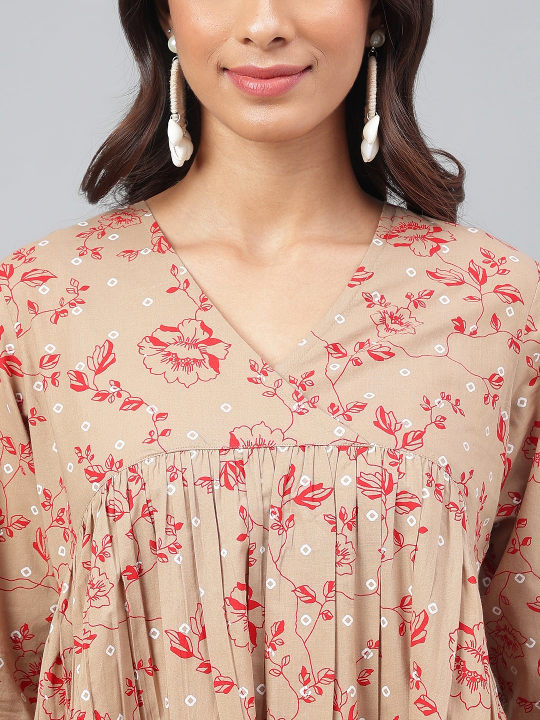 Janasya Women's Brown Cotton Floral Printed Gathered Casual Kurta Set