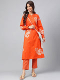 Janasya Women's Orange Cotton Floral Printed A-line Festive Kurta Set