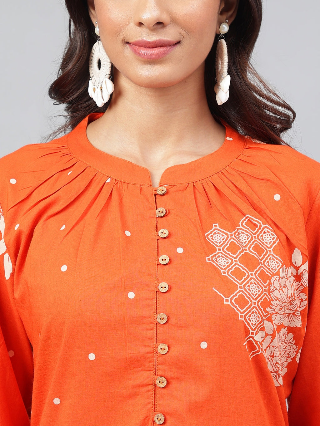Janasya Women's Orange Cotton Floral Printed A-line Festive Kurta Set