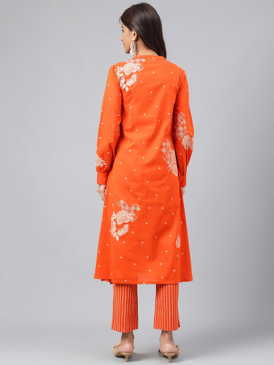 Janasya Women's Orange Cotton Floral Printed A-line Festive Kurta Set