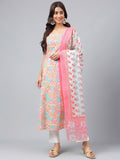 Janasya Women's Multicolor Cotton Floral Printed A-line Party Kurta Set
