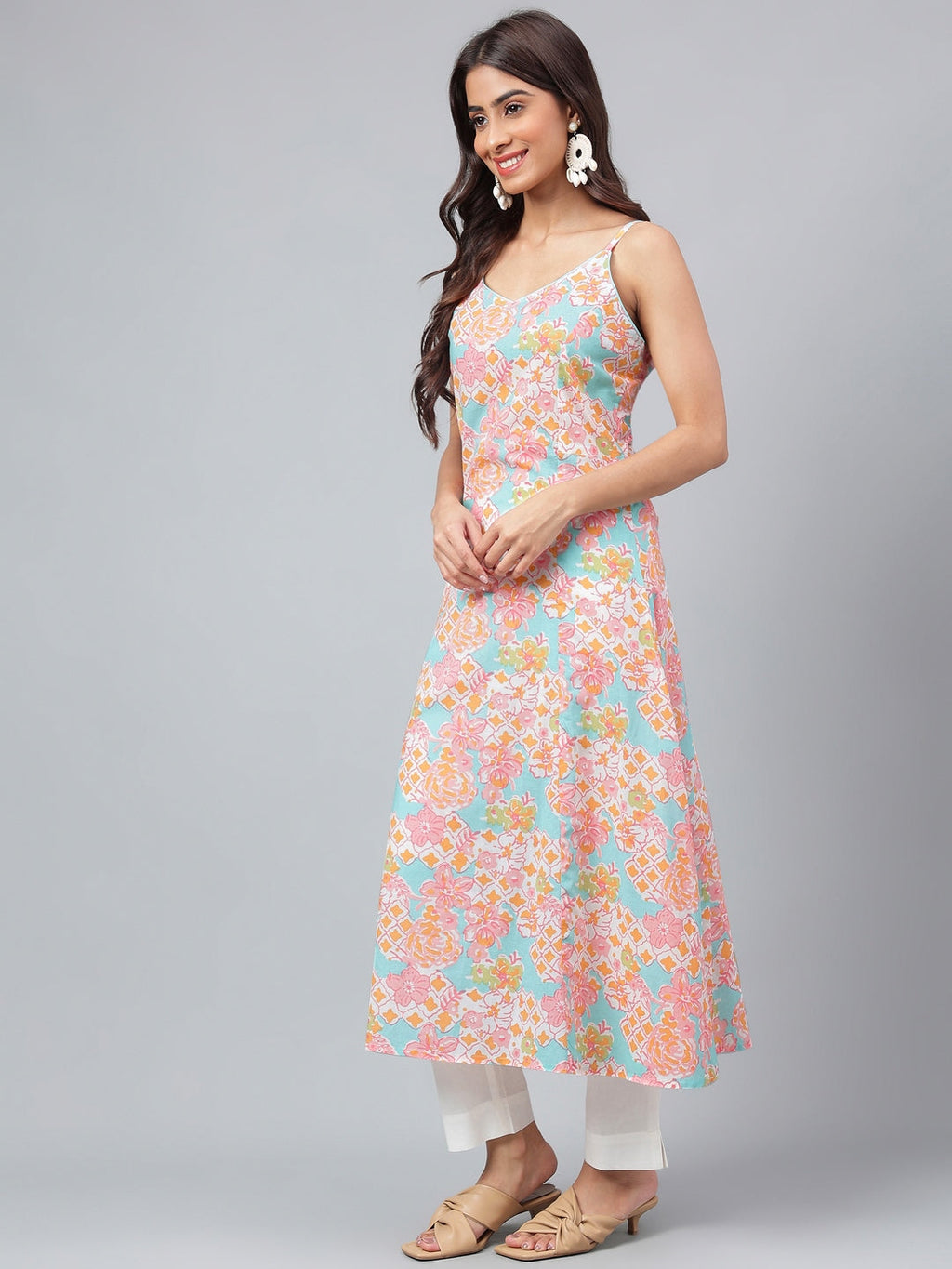 Janasya Women's Multicolor Cotton Floral Printed A-line Party Kurta Set
