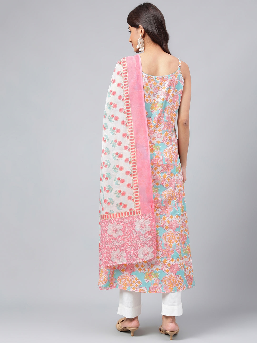 Janasya Women's Multicolor Cotton Floral Printed A-line Party Kurta Set