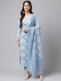 Janasya Women's Light Blue Cotton Floral Printed Straight Casual Kurta Set