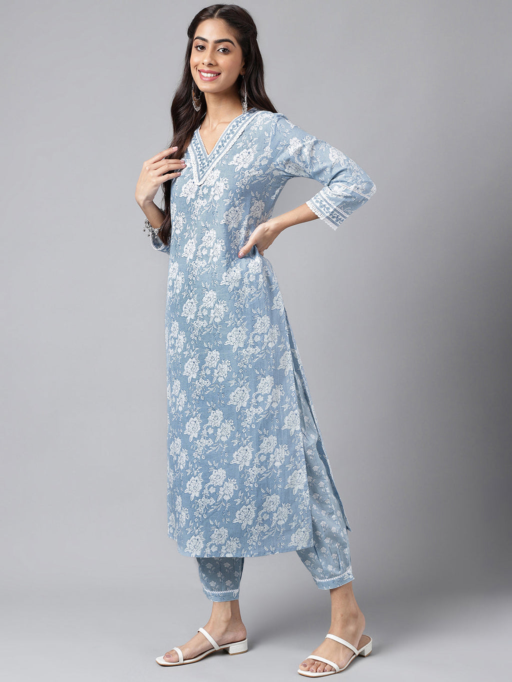 Janasya Women's Light Blue Cotton Floral Printed Straight Casual Kurta Set