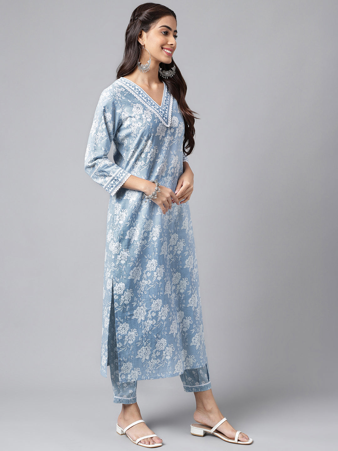 Janasya Women's Light Blue Cotton Floral Printed Straight Casual Kurta Set