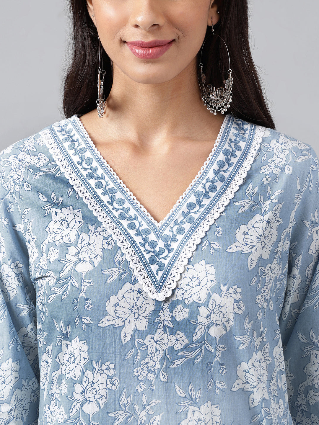 Janasya Women's Light Blue Cotton Floral Printed Straight Casual Kurta Set