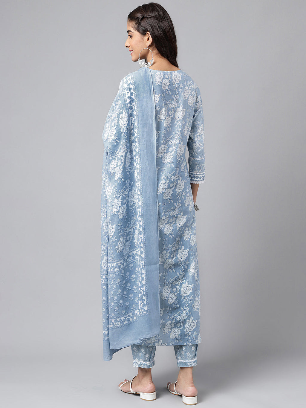 Janasya Women's Light Blue Cotton Floral Printed Straight Casual Kurta Set