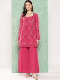 Janasya Women's Pink Georgette Foil Printed Flared Festive Short Kurta Set