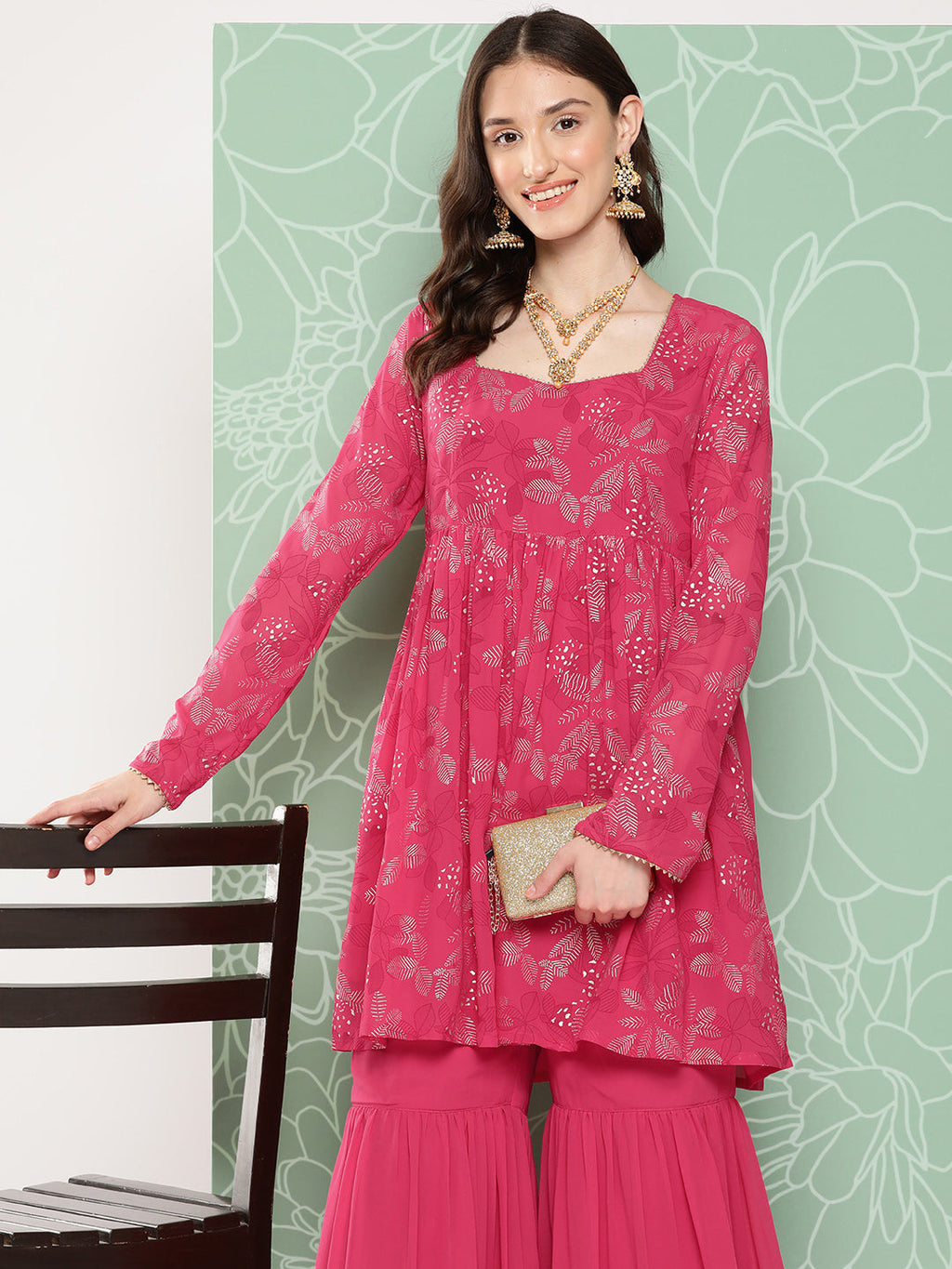 Janasya Women's Pink Georgette Foil Printed Flared Festive Short Kurta Set