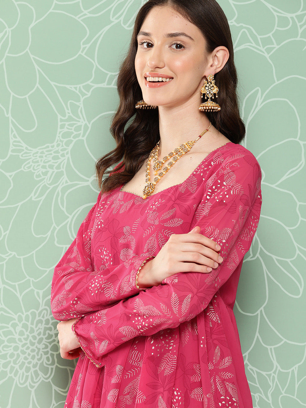 Janasya Women's Pink Georgette Foil Printed Flared Festive Short Kurta Set