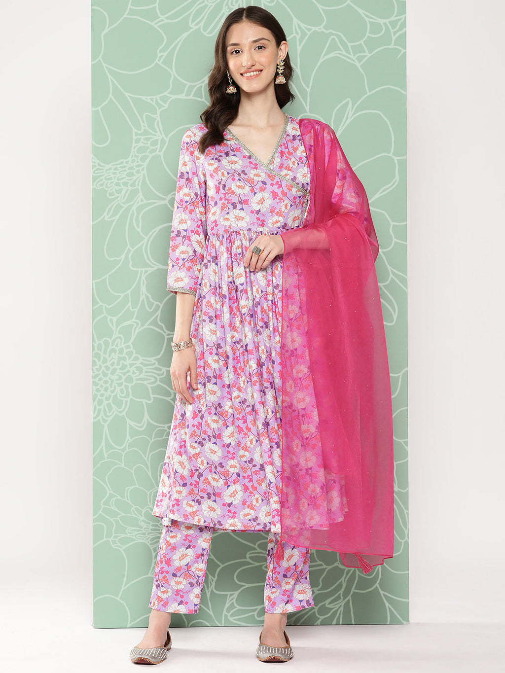 Janasya Women's Lavender Moss Digital Floral Printed Angrakha Festive Kurta Set