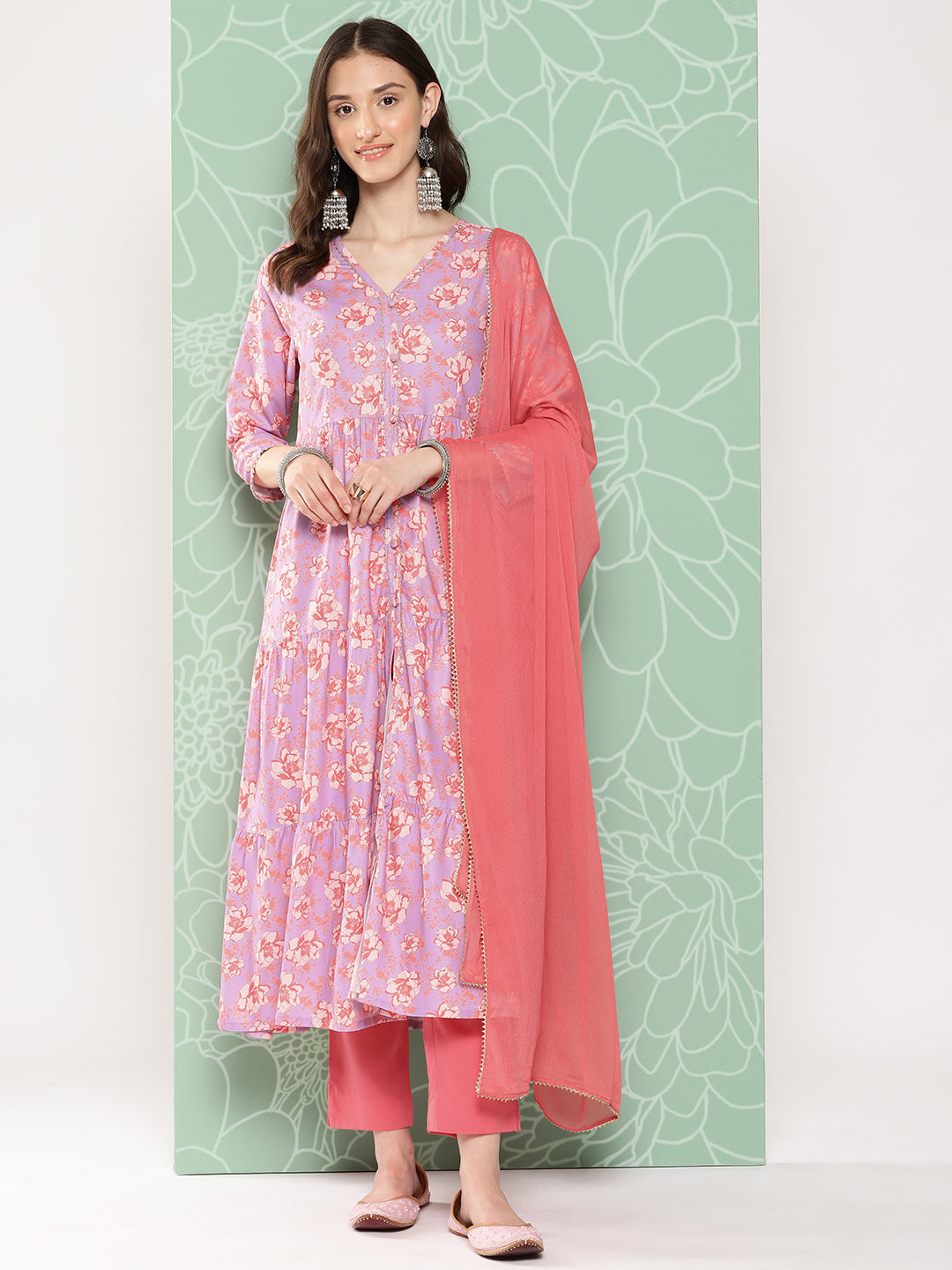 Janasya Women's Lavender Moss Digital Floral Printed Tiered Festive Kurta Set
