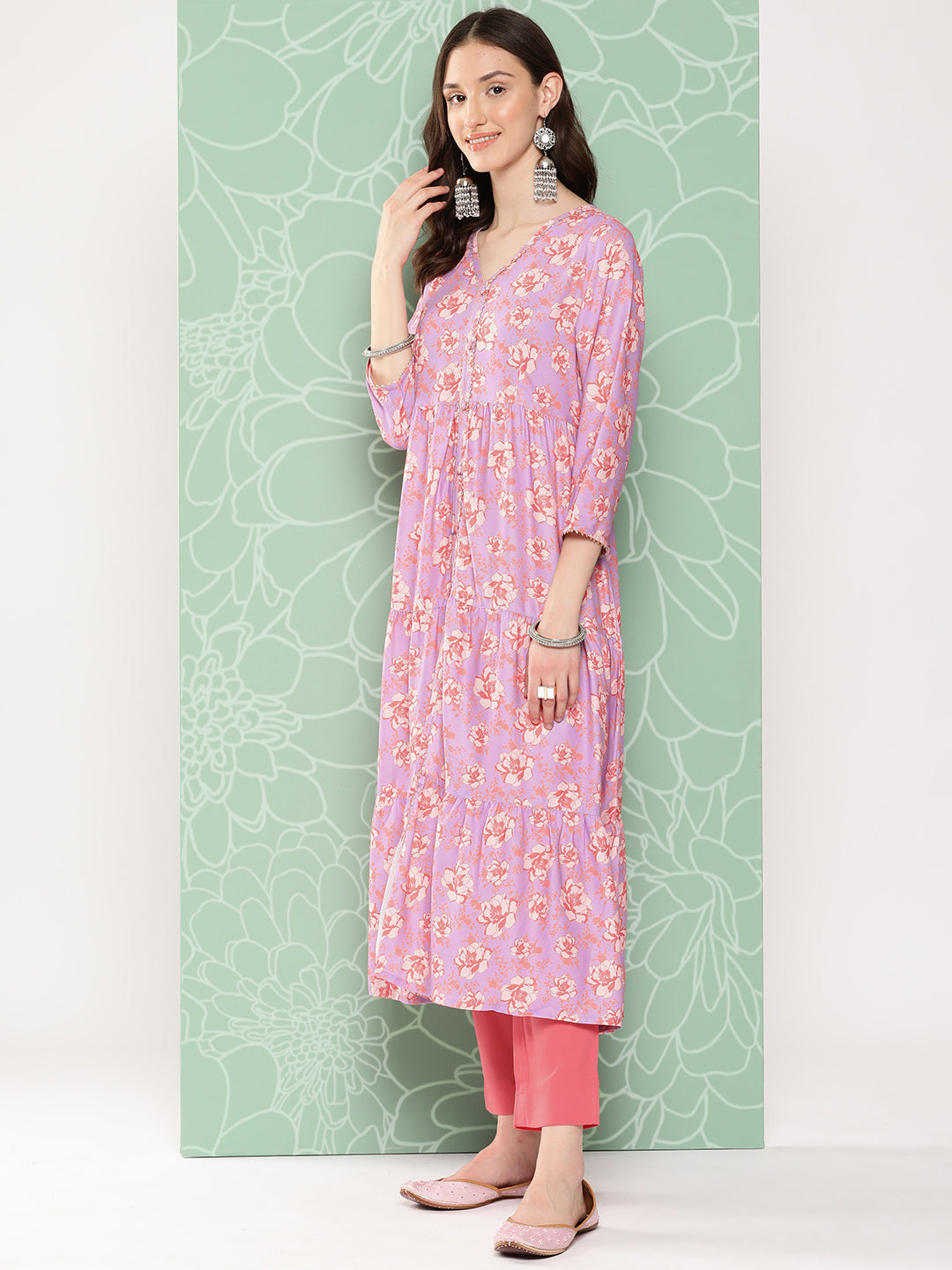 Janasya Women's Lavender Moss Digital Floral Printed Tiered Festive Kurta Set