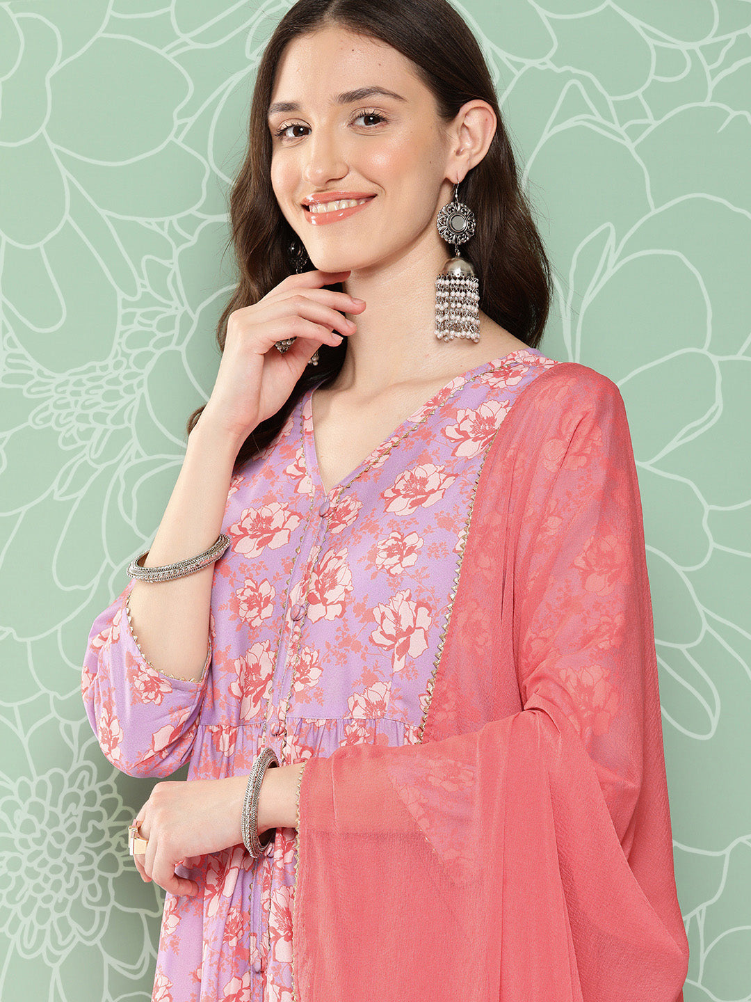 Janasya Women's Lavender Moss Digital Floral Printed Tiered Festive Kurta Set